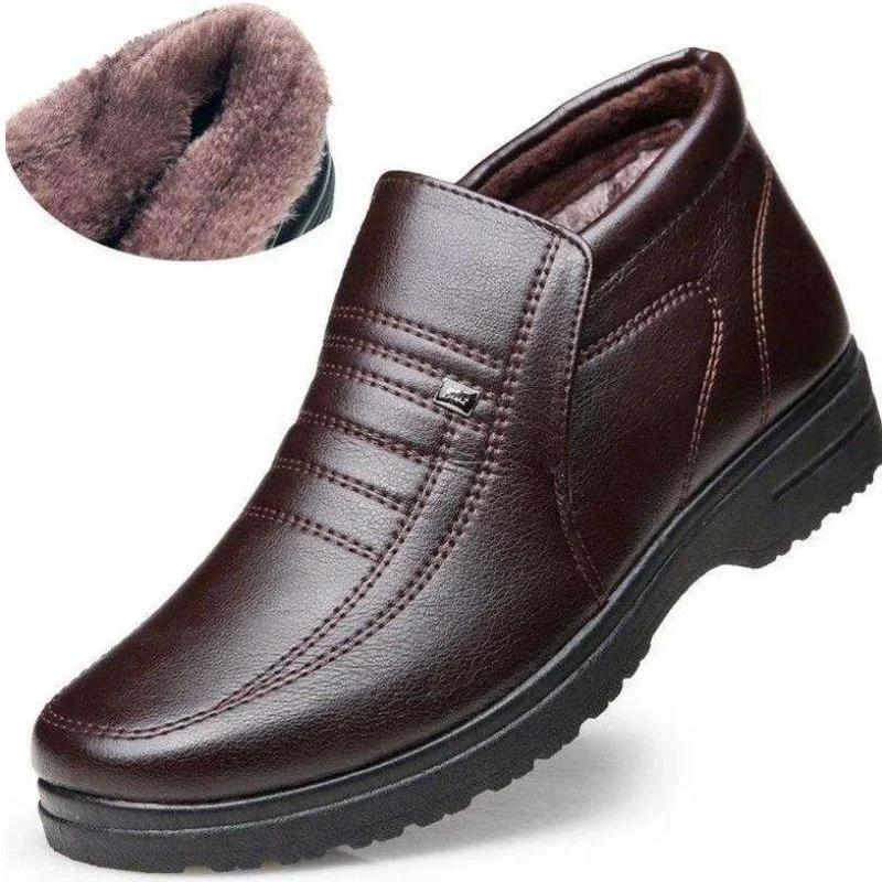 Zapatos de cuero informales impermeables para hombre, Zapatillas altas sin cordones de franela, zapatos cálidos de goma para invierno