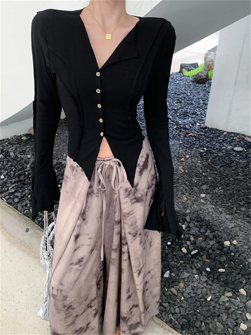 Alien Kitty Autumn Slim Gentle Women Cardigans Coats V-Neck Full Sleeve 2023 Slim Chic Printed Wide Leg Loose Pants Suits