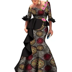 African Dresses for Women Fashion Design New African Bazin Half Flare Sleeve Ruffle Long Dress with Applique Maxi Dress WY9048