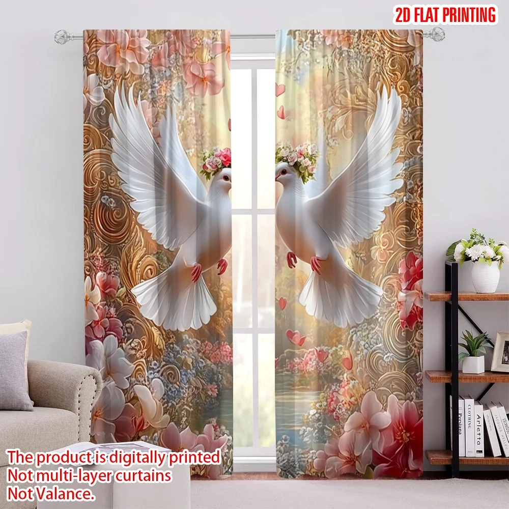 

2Pcs 2D Flat PrintingWhite Dove With A Wreath Printed Curtains Suitable For Bedroom Kitchen Dining Room Living Room Study Office