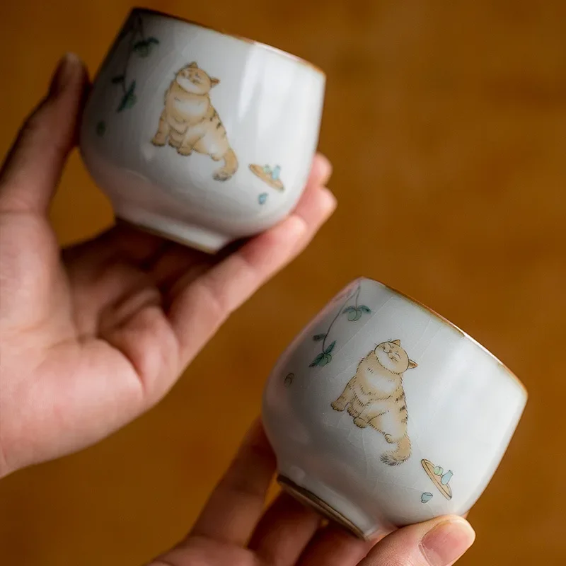 1Pcs 120ML Antique Moon White Ru Kiln Ceramic Teacup Cute Cat Personal Owner Cup Open Piece Can Raise TeaCup Kung Fu TeaSet Gift