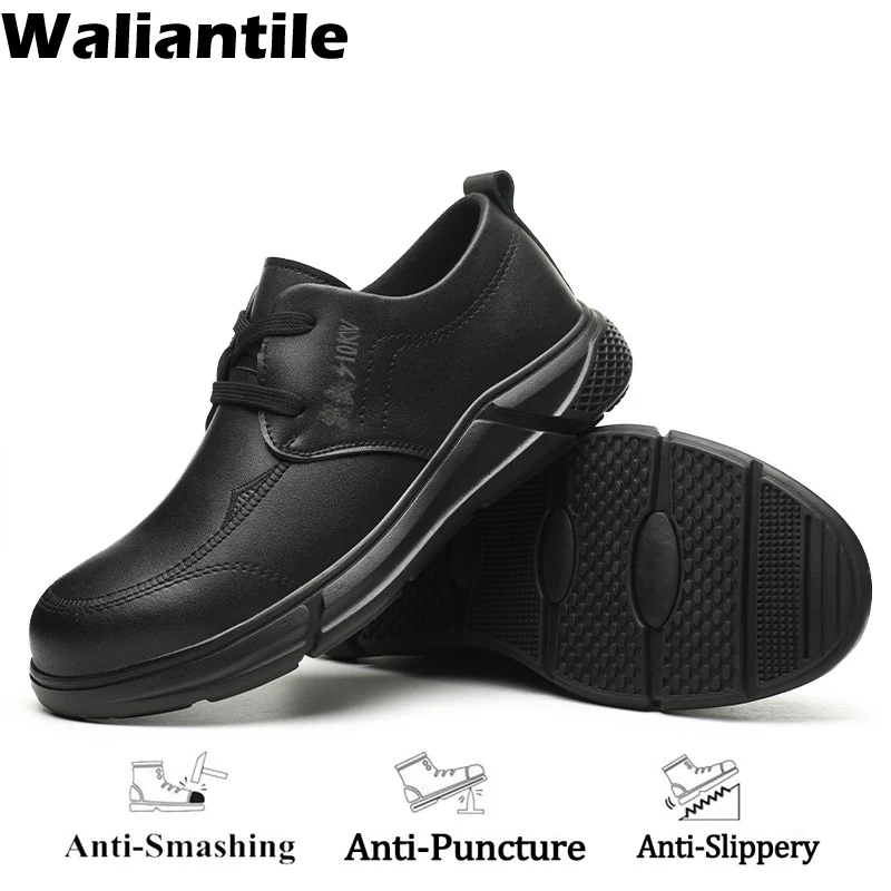 

Waliantile Cow Leather Safety Shoes For Men Anti-smashing Steel Toe Work Boots Non-slip Puncture Proof Indestructible Shoes Male