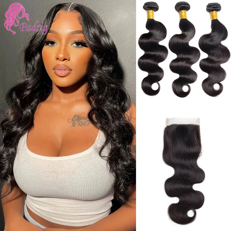 

100g/Pc Brazilian Virgin Hair Body Wave Human Hair Bundles With 4x4 Transparent Lace Closure Natural Color PRe-Plucked Full End