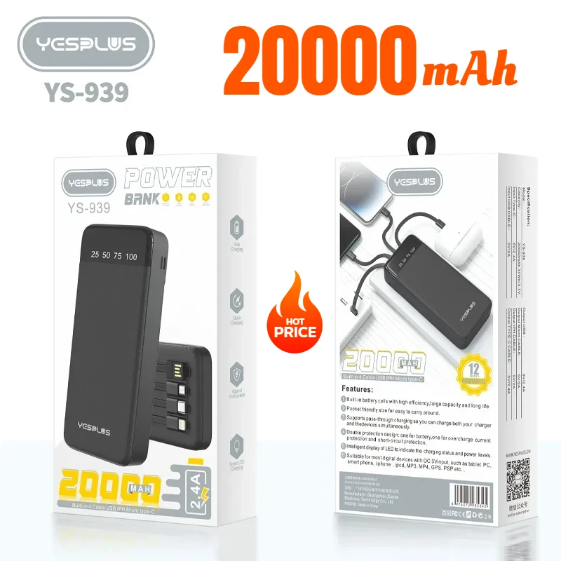 Power Bank 20000mAh ความจุขนาดใหญ่ Fast CHARGING ภายนอกแบตเตอรี่มาพร้อมกับเครื่องชาร์จ 4 สายจอแสดงผล LED แบบพกพา Power Bank