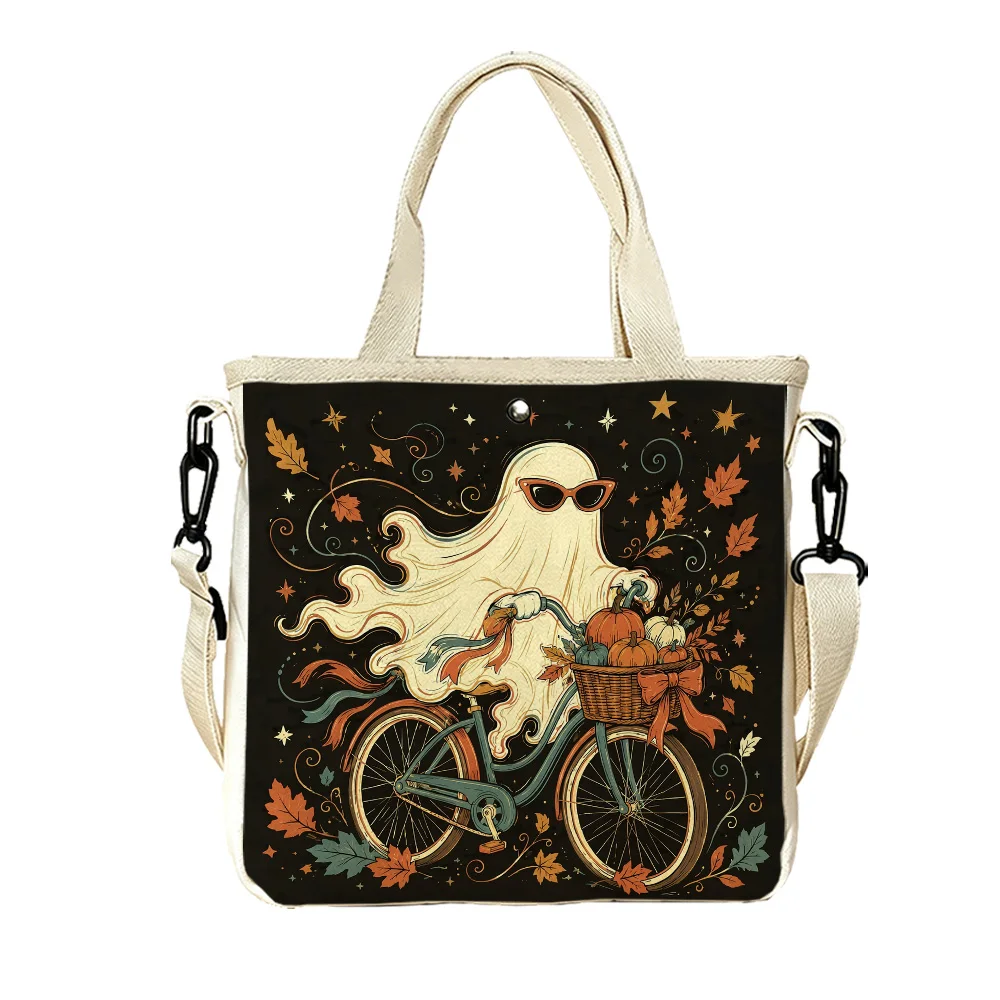 Ghost on bike Double-Sided Printed Canvas Tote Purse Removable Crossbody Strap Women Handbag for Outdoor Trips