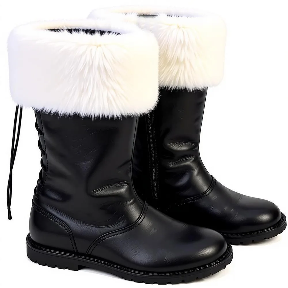 Men Winter Mid‑Calf Snow Boots PU Leather Boots With Furry Cuff Side Zipper Back Lace‑Up Non‑Slip Thick Sole Casual Winter Shoes