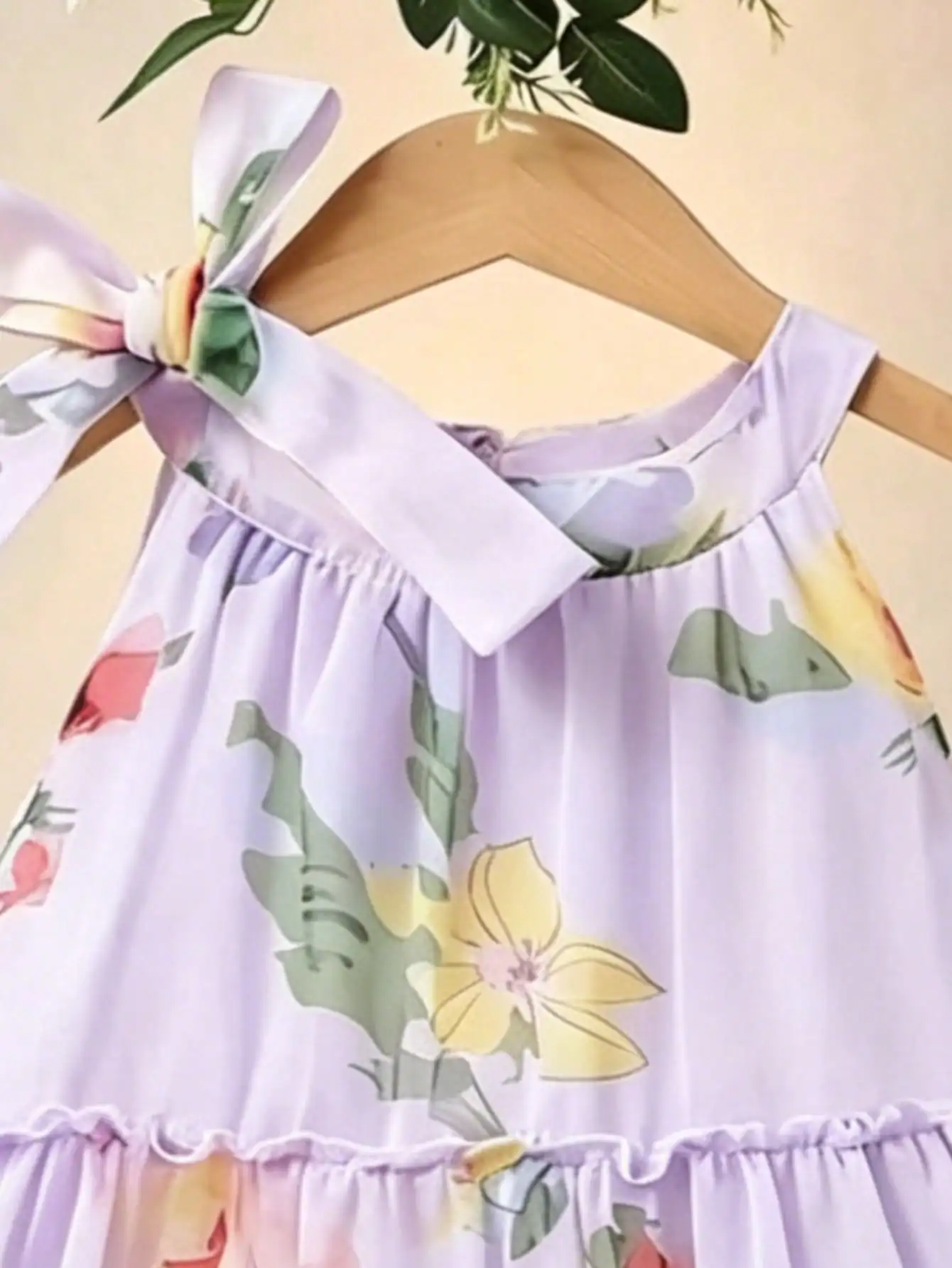 Mädchenkleid mit Rundhalsausschnitt, ärmellos, mit Blumen- und Blattmuster, bequemer A-Linien-Rock, Freizeitkleidung für Kinder. – Detail 15