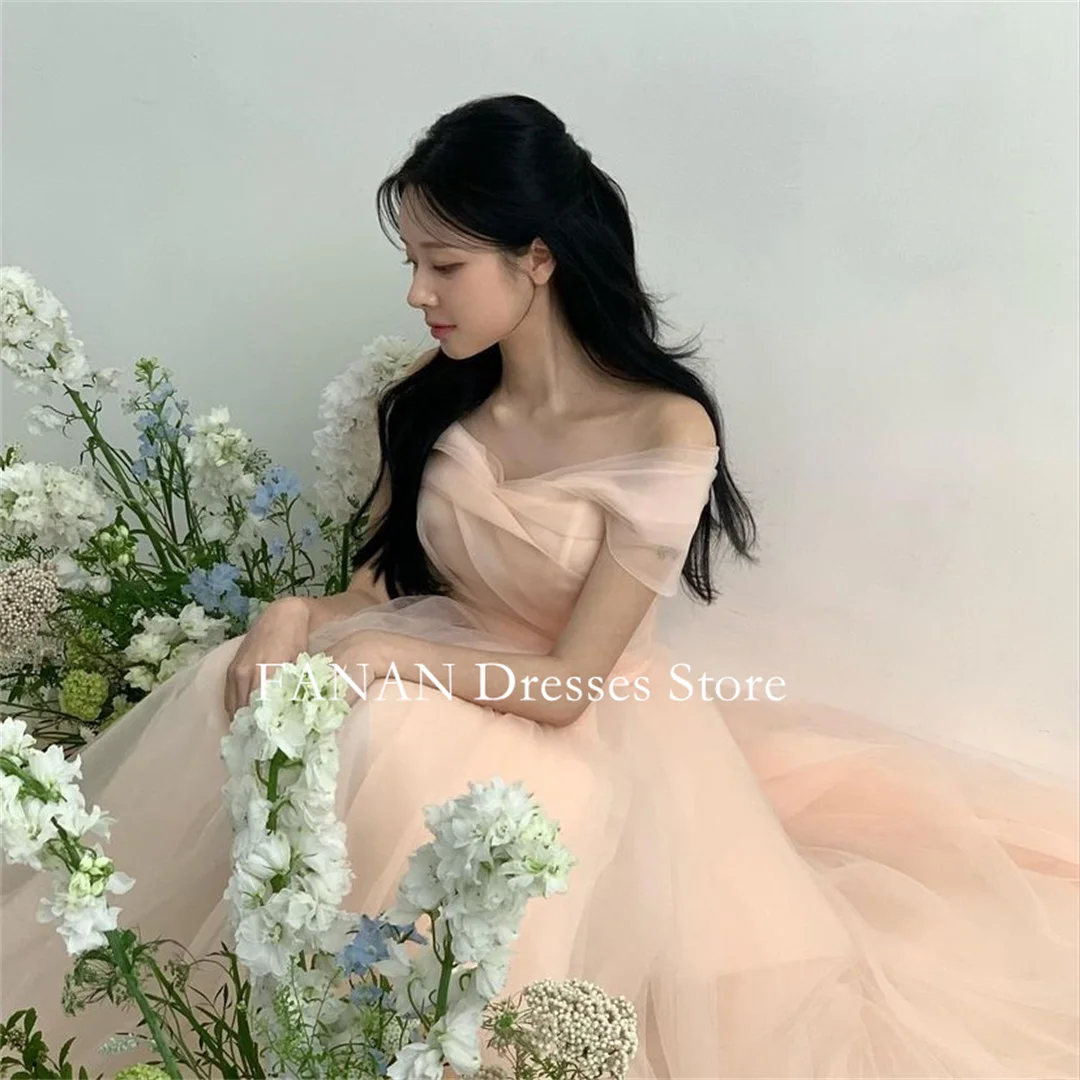 

FANAN Off the Shoulder Pink Evening Party Dresses Organza Korea Backless Ruched Wedding Women Formal Gowns Event Prom Gowns