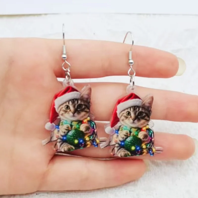 1 pair of acrylic Christmas cat earrings, women's earrings, the best choice for gifts