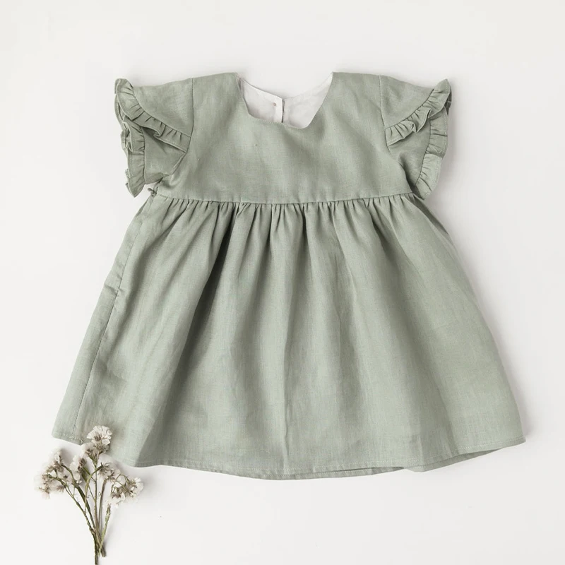 55% Linen 45% Cotton Short Sleeve Girls Dress 2022 Summer New Cute Little Girl Casual Sweet Petal Sleeve Princess Dresses TZ055