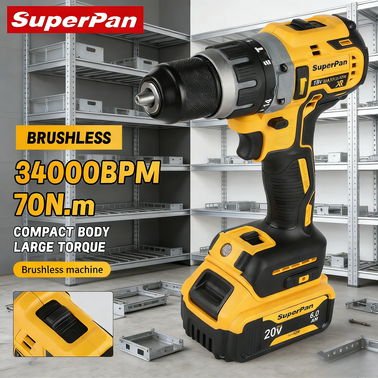 

Бесщеточная ударная дрель SuperPan DCD796 20V 70Нм 0-34000 об/мин для сборки макияжных столиков, аккумуляторная, совместима с батареями Dewalt 20V