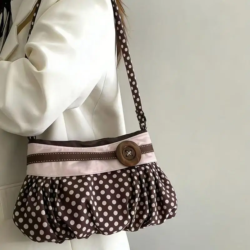 Retro Polka Dot Underarm Bag Cute Pleated Cloud Bag Wooden Button-decor Handbag Casual And Versatile Commuter Shoulder Bag