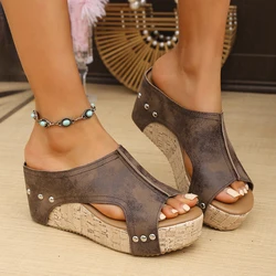 Women Slippers Summer Open Toe Beach Wedge Sandals Non-slip Thick-soled Women Shoes Retro Slip on Outdoor Slippers Slides Women
