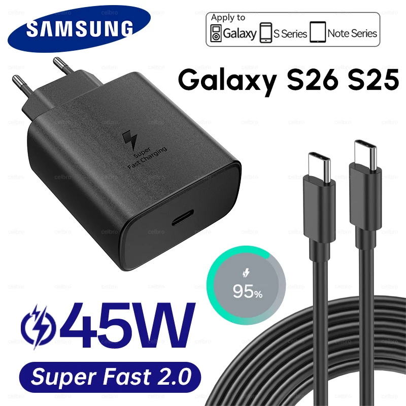 SAMSUNG Charger PD 45W Super Fast Charging Original EU Wall Charger 5A Type C Cable Galaxy S26 S25 S24 S23 Ultra A54 A53 Note20