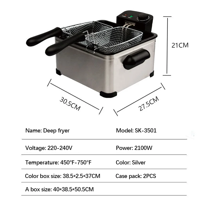 2000W 5L Commerical Kitchen Home 2 Basket Table Top Electric Deep Oil Fryer Feyers