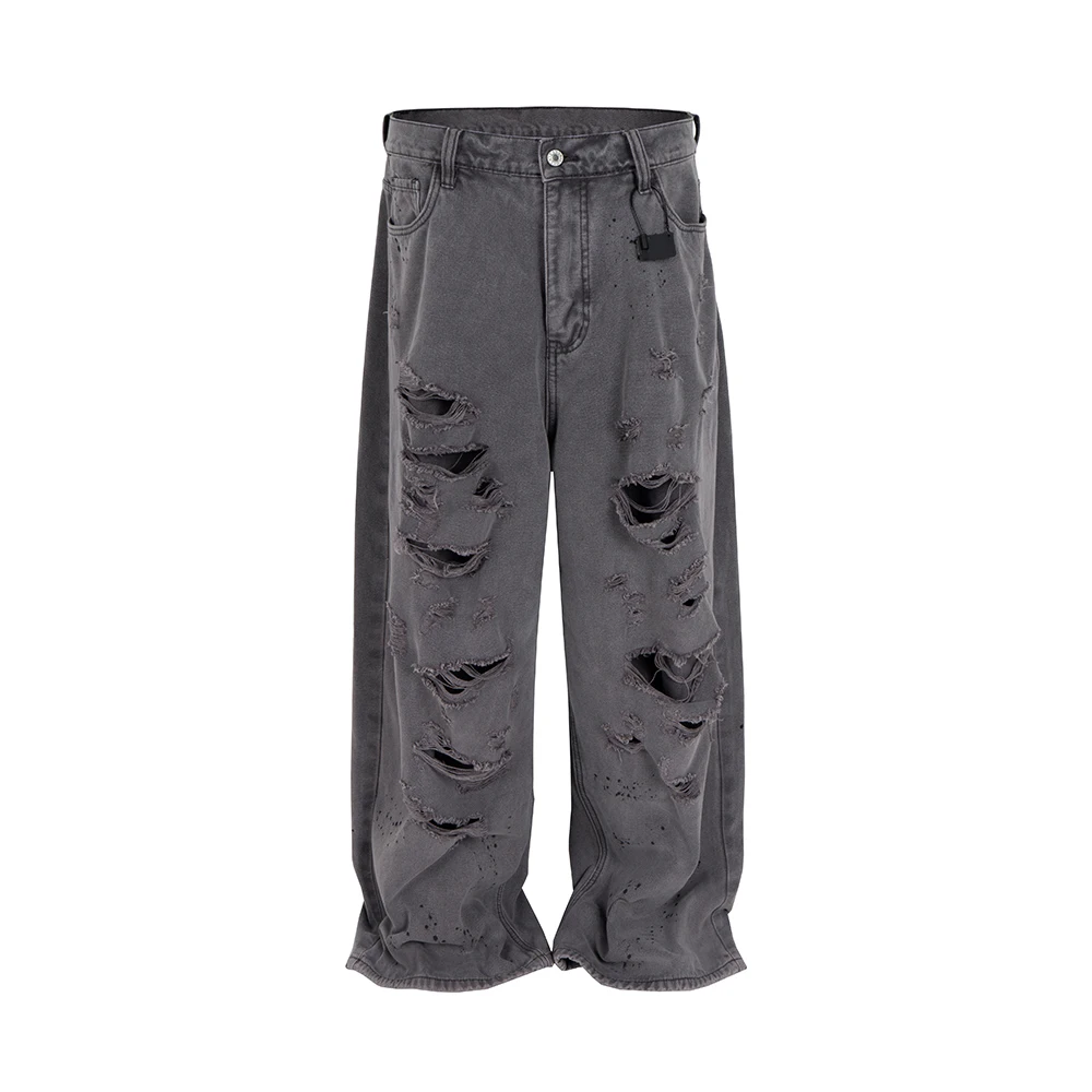 Harajuku Double Layer Distressed Baggy Jeans for Men Wide Leg Streetwear Ripped Hole Loose Denim Trousers Oversized Cargos