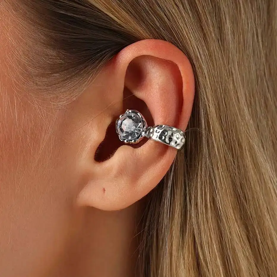 SHIXIN 1 Pcs New Elegant Shiny Round Glass Drill Clip Earrings Non Piercing Ear Clips for Women Daily Wear Party Banquet Jewelry