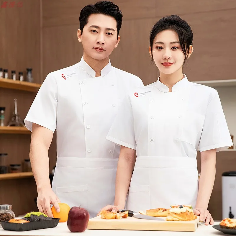 Summer Thin Breathable Mesh Double-Breasted Short Sleeve Chef Jacket for Western Cuisine Hotel Restaurant Canteen Pastry Chef Un