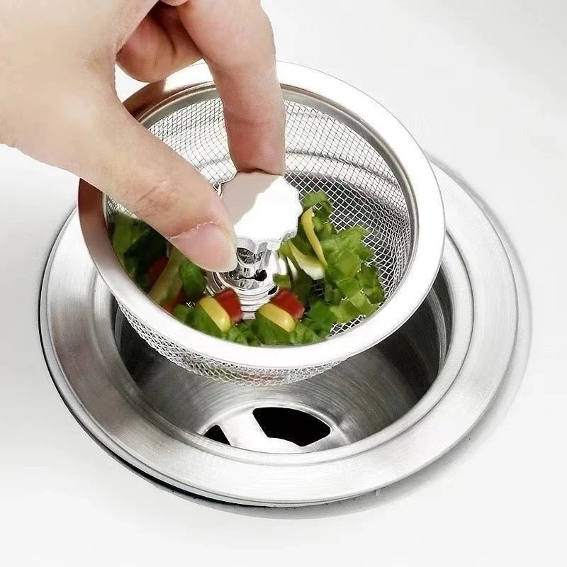 Kitchen Sink Strainer with Handle & Stopper Replacement Sink Drain Basket Stainless Steel Mesh Filter Strainers Waste Hole Trap