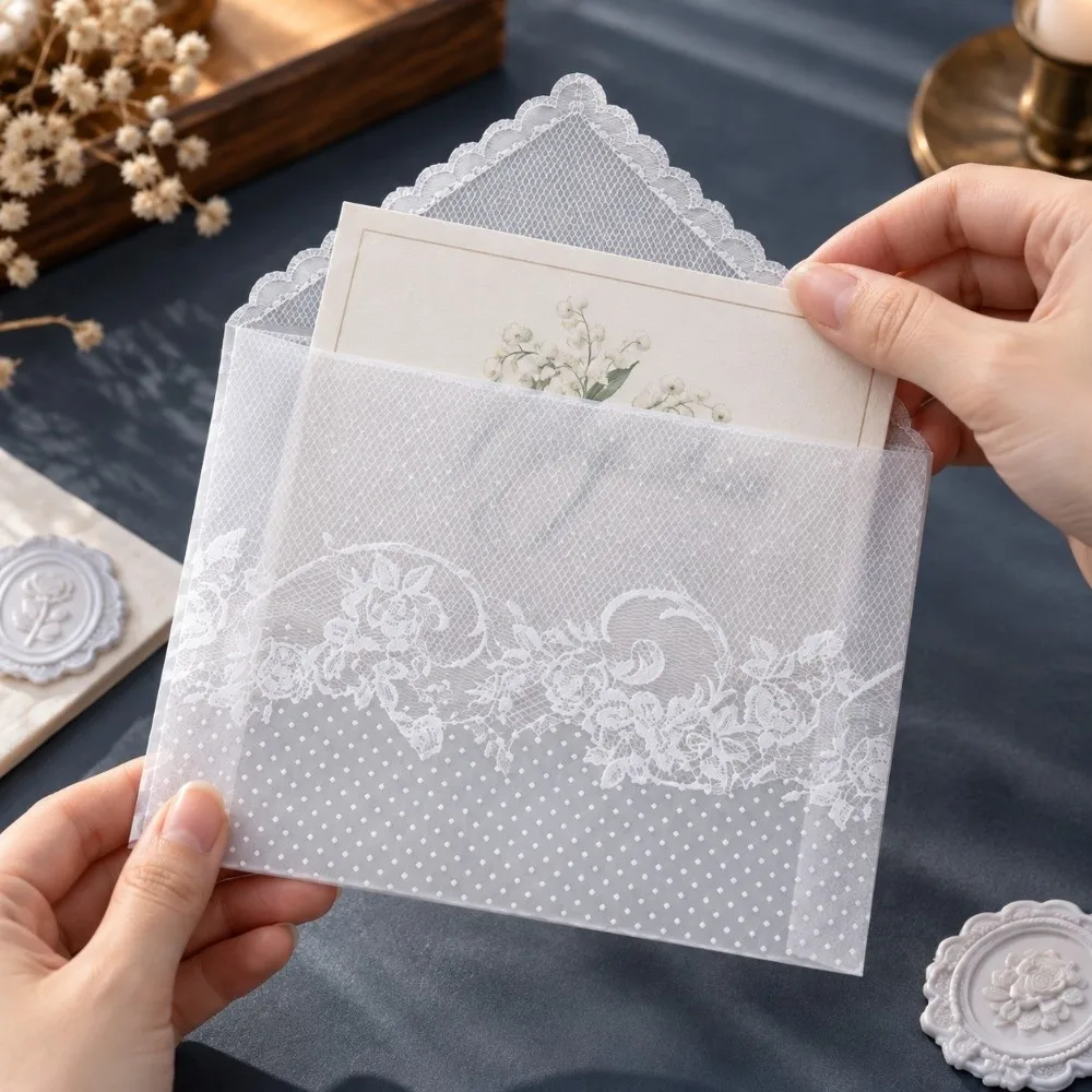 4pcs Per Set Lace Paper Envelope Hollow Transparent Lace Postcard Storage Bag Paper Material Greeting Card Supplies