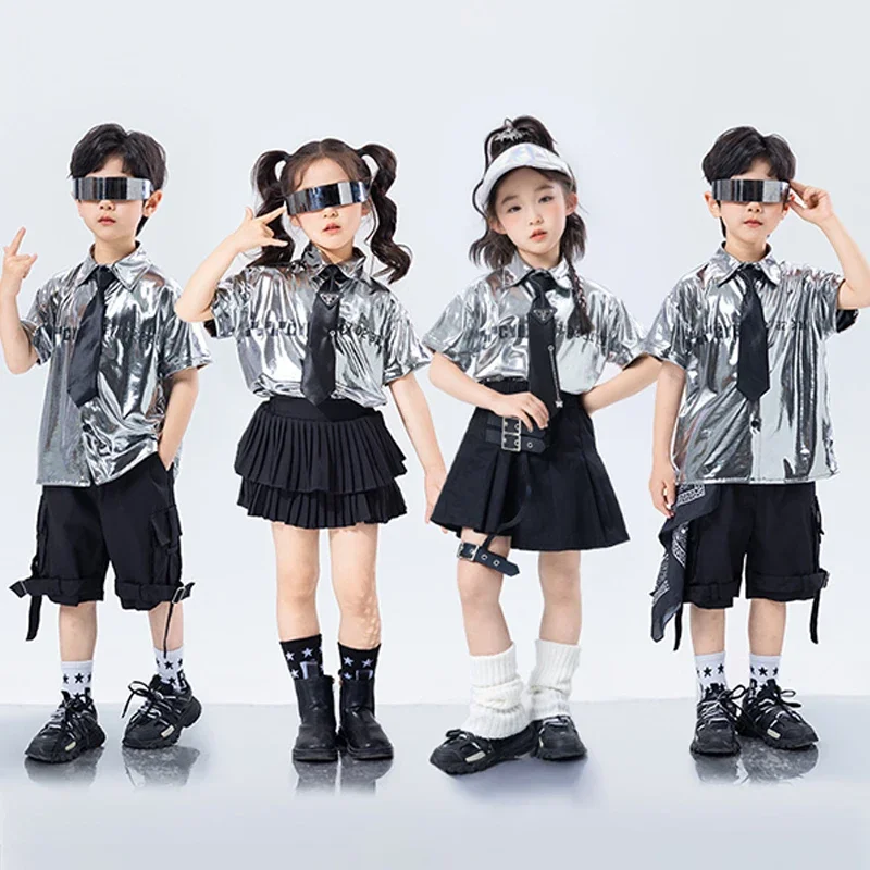 

Jazz Dance Stage Costume Kids Silver Shirt Black Skirt Futuristic Technology Performance Outfit Girls Dancewear