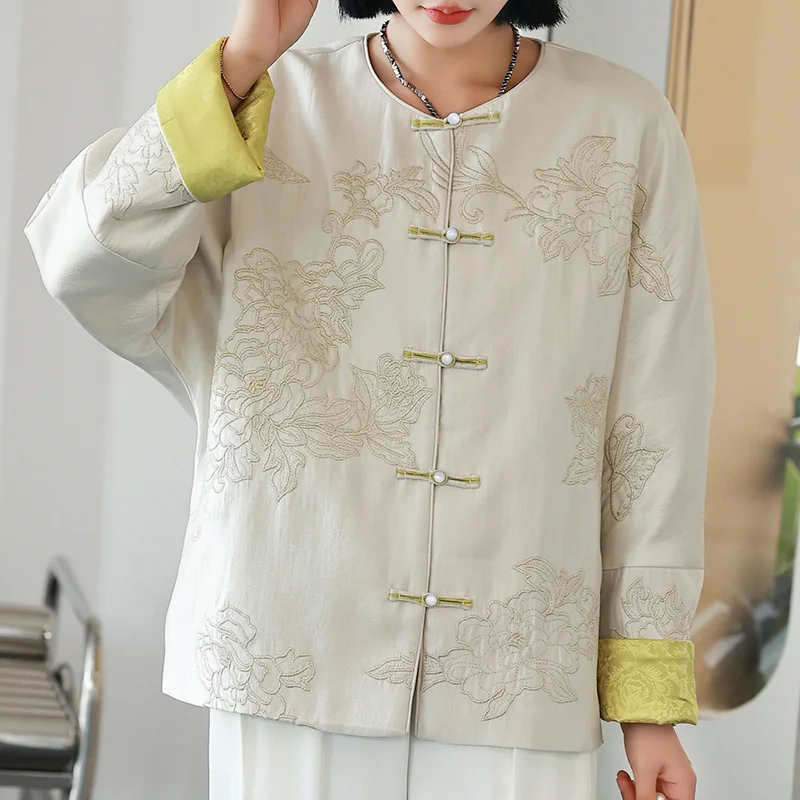 Chinese Style Disc Buckle Round Neck Short Coat Vintage Contrast Stitching Embroidered Top Autumn Winter Versatile Jacket Hanfu