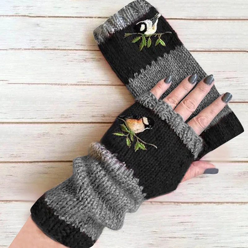 Bird Embroidered Gloves For Women Cotton Knitted Half Finger Mittens Warm Knitting Block Stitching Gloves Christmas Gift