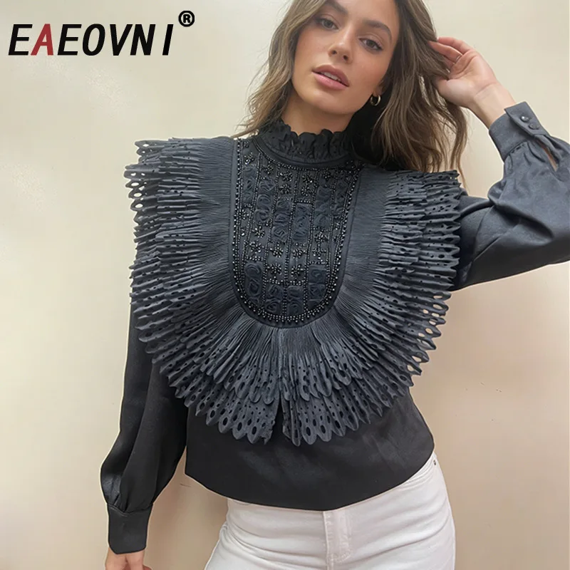 

Новая женская блузка EAEOVNI 2026: модный дизайн с плиссировкой, пайетками и лоскутной отделкой, однотонные топы с длинным рукавом, уличная одежда
