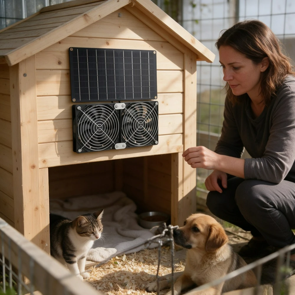 Solar Dual Exhaust Cooling Fan Unit with High Power Solar Panel Low Noise 3200RPM for Chicken Coop Dog House Greenhouse Shed