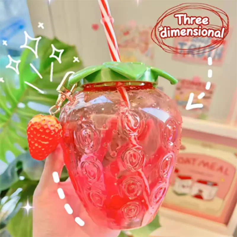 500ml PET Strawberry Shaped Children's Straw Mug Clear Strawberry Juice Mug Cold Water Mug Photography Accessories
