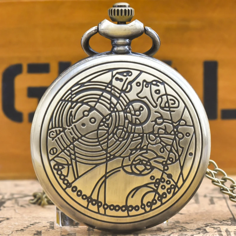 Retro Charm Neutral Fashion Geometric Line Carving Quartz Pocket Watch Steampunk Men's and Women's Necklace Pendant Gift