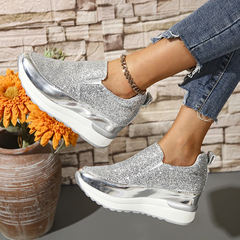 

Silver Sequins Wedge Sneakers Women Fashion Slip On Thick Bottom Vulcanized Shoes Woman New Height Increasing Casual Shoes 42