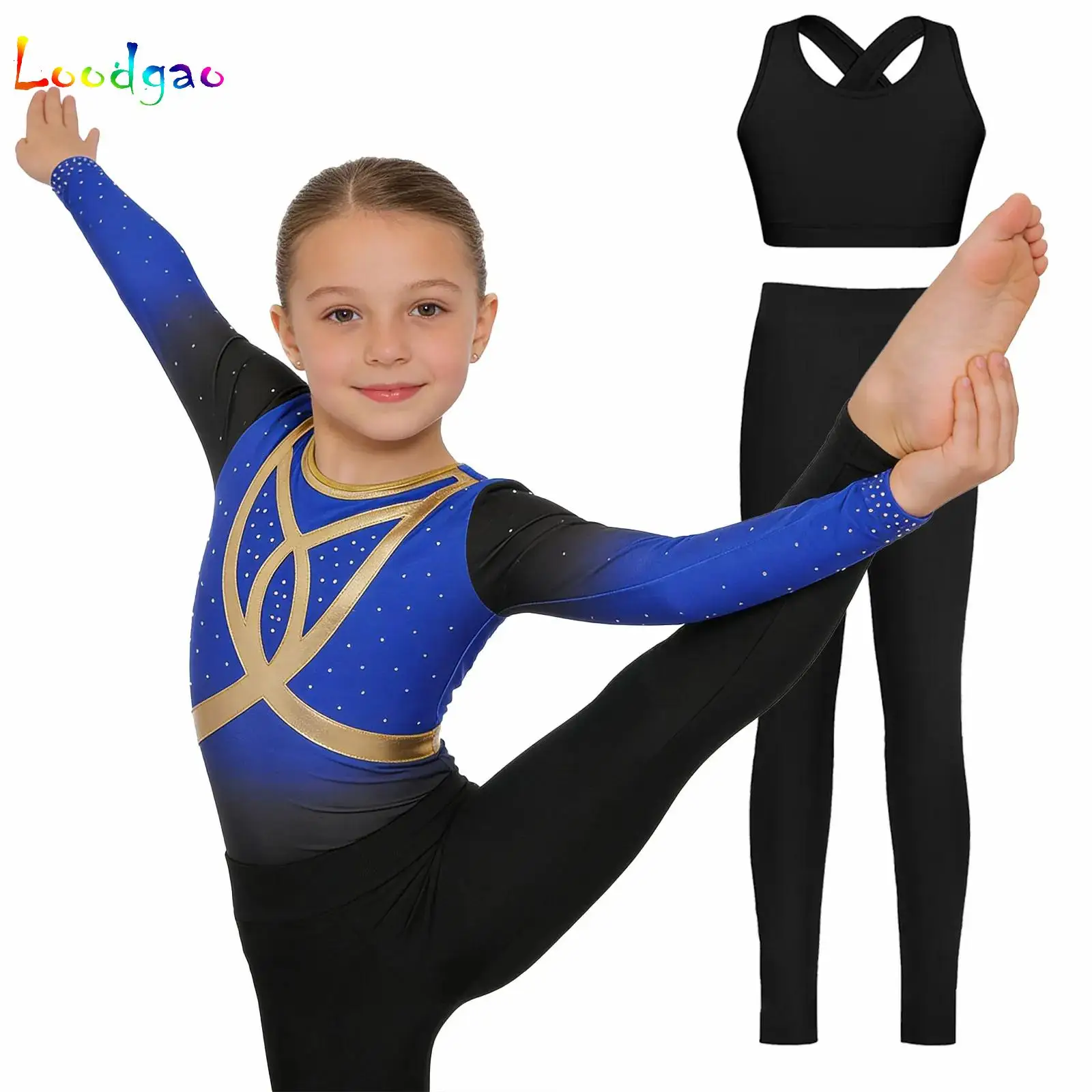 

Kids Gradient Gymnastics Leotard Bodysuit Dancewear Sets Ballet Outfit for Girls Children Figure Skating Jumpsuit+Vest+Leggings