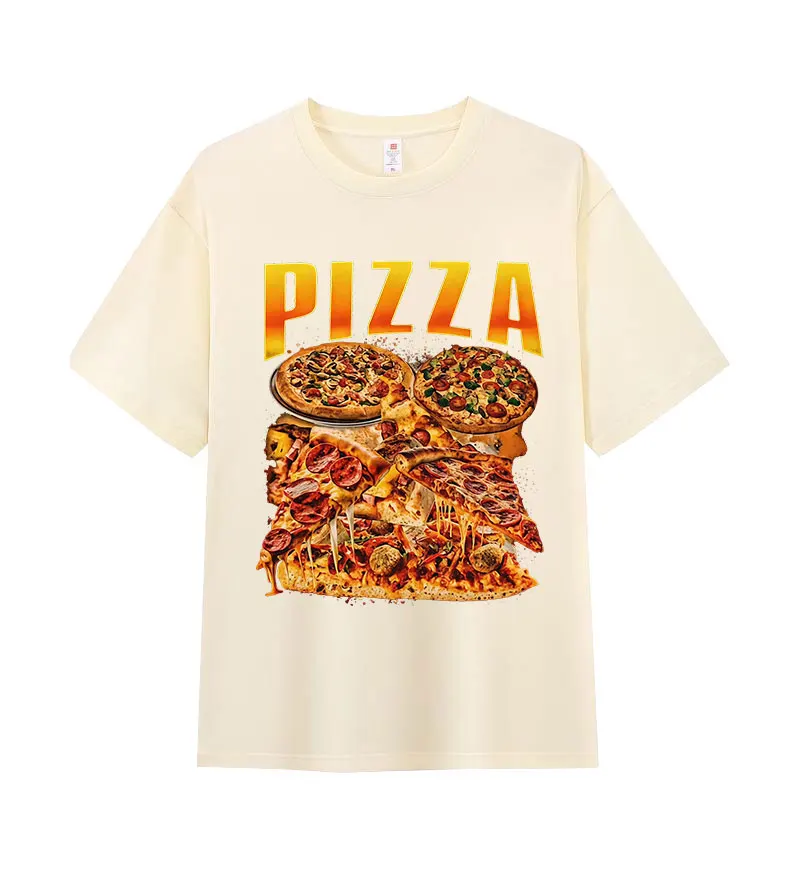 Divertida pizza salchichas italianas queso carne hawaiana comida Meme camiseta gráfica mujer casual cuello alto