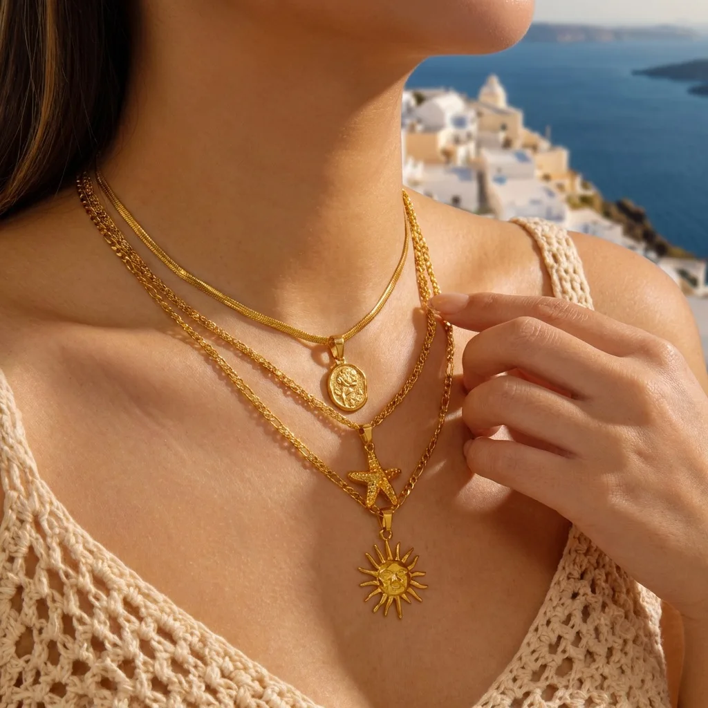 Exquisite Gold Color Flower Starfish Sun Pendants Trendy Multi-layer Stacked Stainless Steel Necklace Set for Women Boho Jewelry