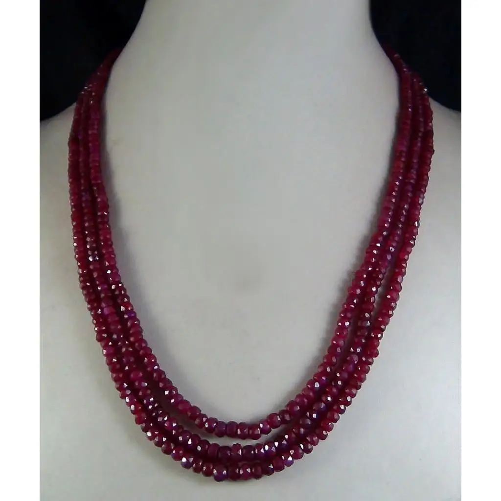 Three Strand Beaded Necklace Faceted Ruby Color Gemstone Statement Choker for Women Party Jewelry