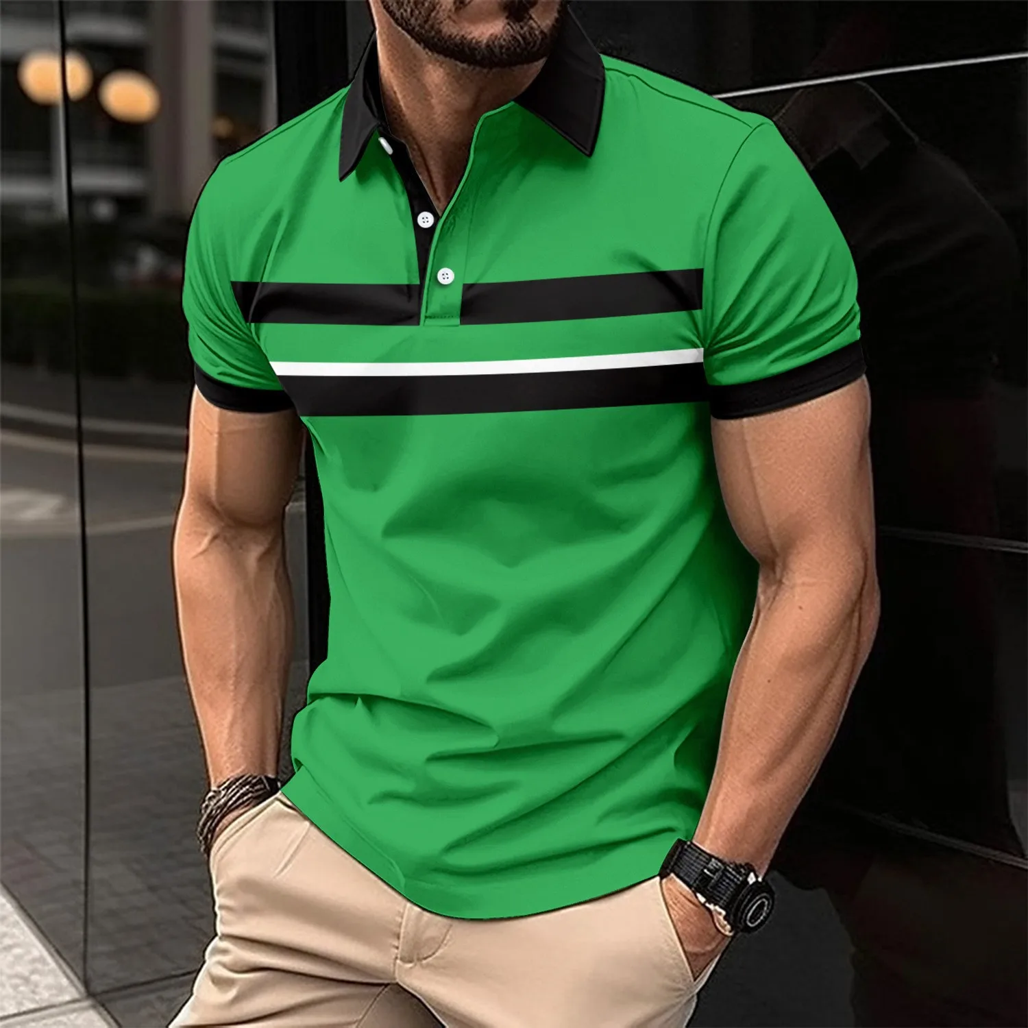 Summer men's polo shirt, golf geometry 3D printed business casual short sleeved T-shirt, European and American polo zipper shirt