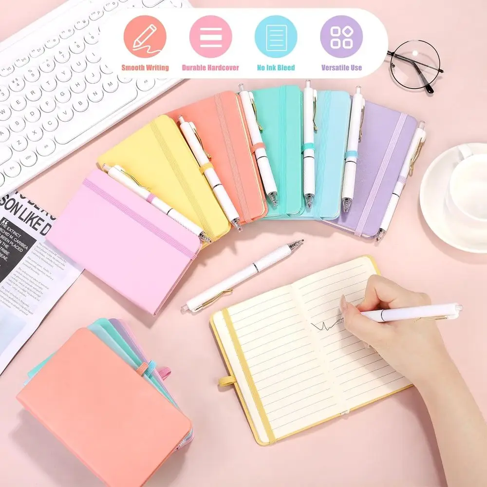 A6 Pastel Colored Mini Hardcover PU Leather Lined Notebooks with Built-in Pen Holder, 50 Sets, 3.5 x 5.5 Inch, College Ruled for