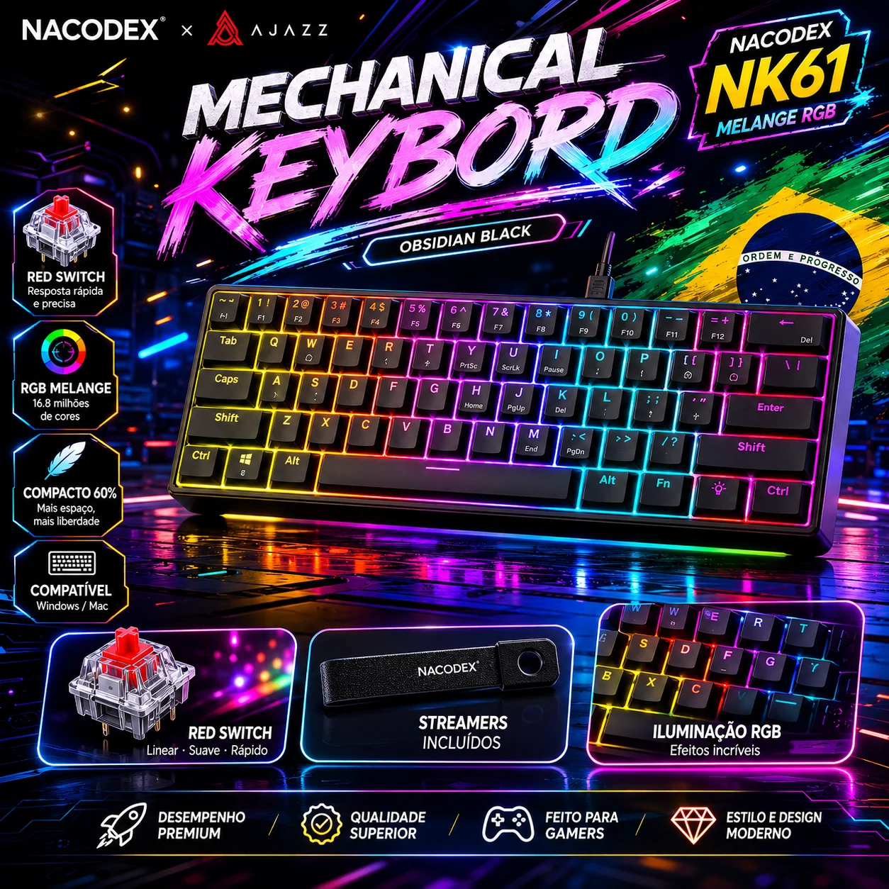 Ajazz nk61 teclado mecânico para jogos com fio 60% rgb hot-swappable 61 teclas interruptor vermelho mini teclado para gamer pc