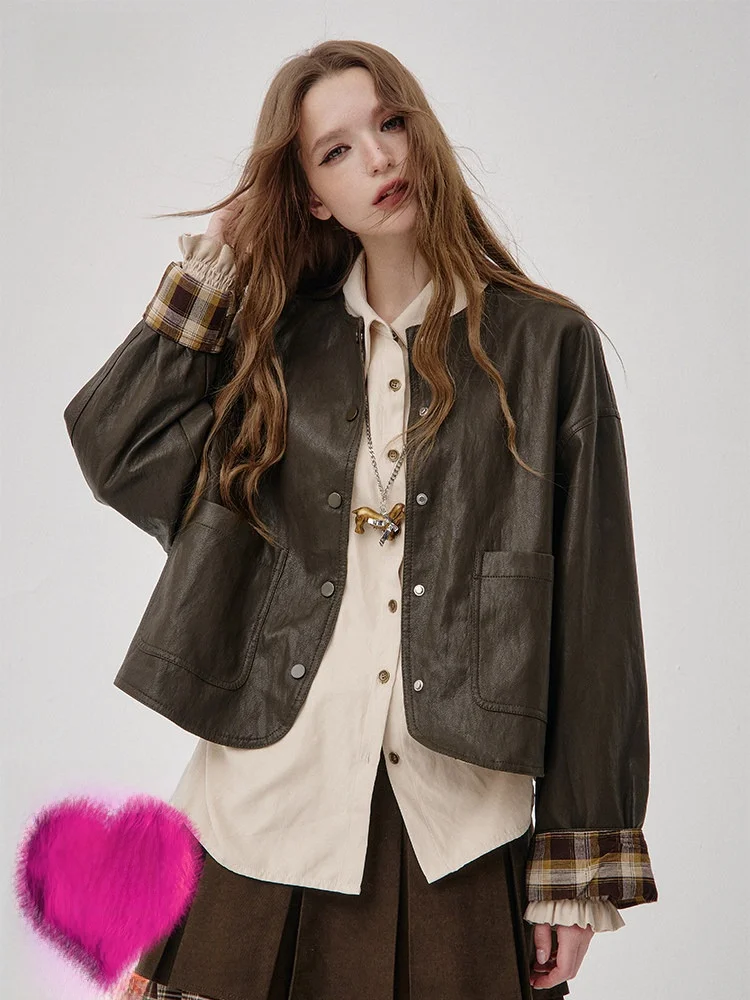 

Elfsa Women's ort PU Leather Jaet Loose Fit V-Ne Long Sve Faionable Splicing Design Premium Feeling Outerwear