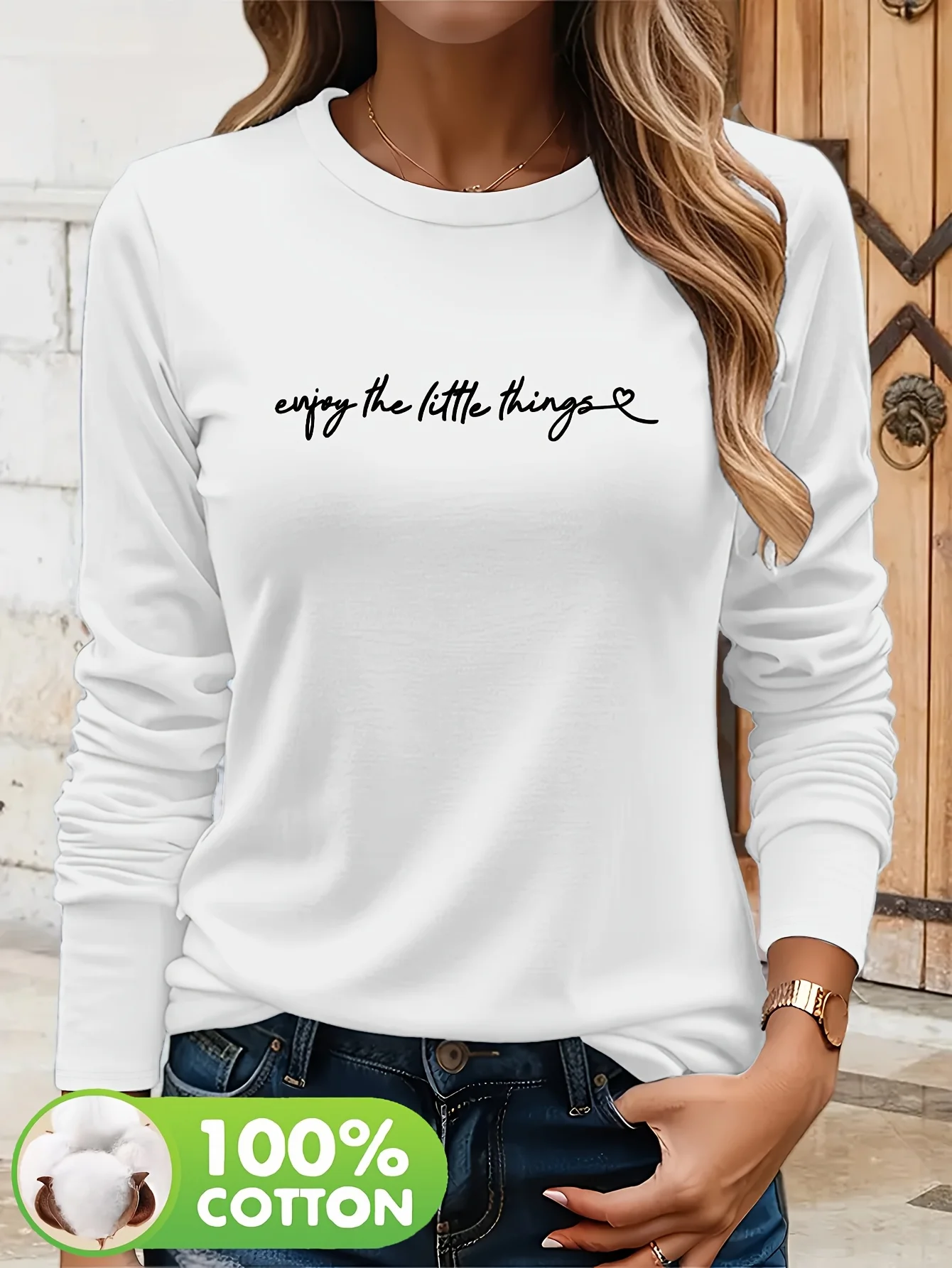 Fashion Long Sleeve 100% Cotton Top Tee Shirt 