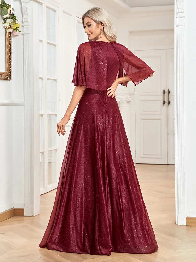 XUIBOL-vestido feminino de lantejoula de manga curta, vestido de chiffon elegante, babados com decote em v, festa de casamento, baile, vermelho 2024