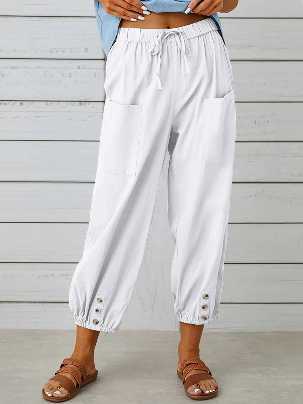 

High Waist Button Crop Loose Pants Women's Nine Points Loose Trousers Street Style Casual Pants Ladies Summer Fashion