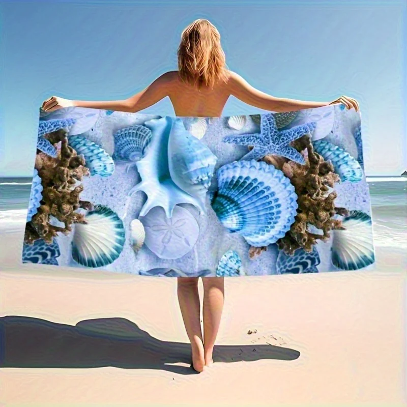 Newest 2D Blue Ocean Wave Starfish Seashell Print Microfiber Beach Towel, Quick Dry Large Towel for Beach Pool Holiday