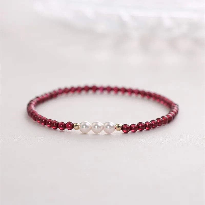 Minar Luxury Red Color Natural Stone Garnet Freshwater Pearl Strand Bracelets for Women 14K Real Gold Plated Copper Accessories