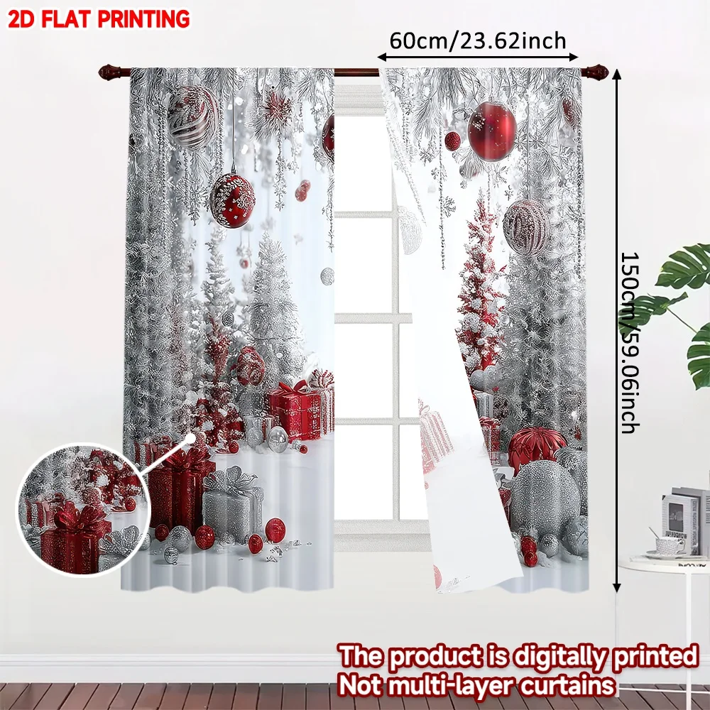 2D flat printing 2pcs Popular Christmas curtains Christmas Red and Silver Digital Printed Polyester Drapes Holiday Decorations