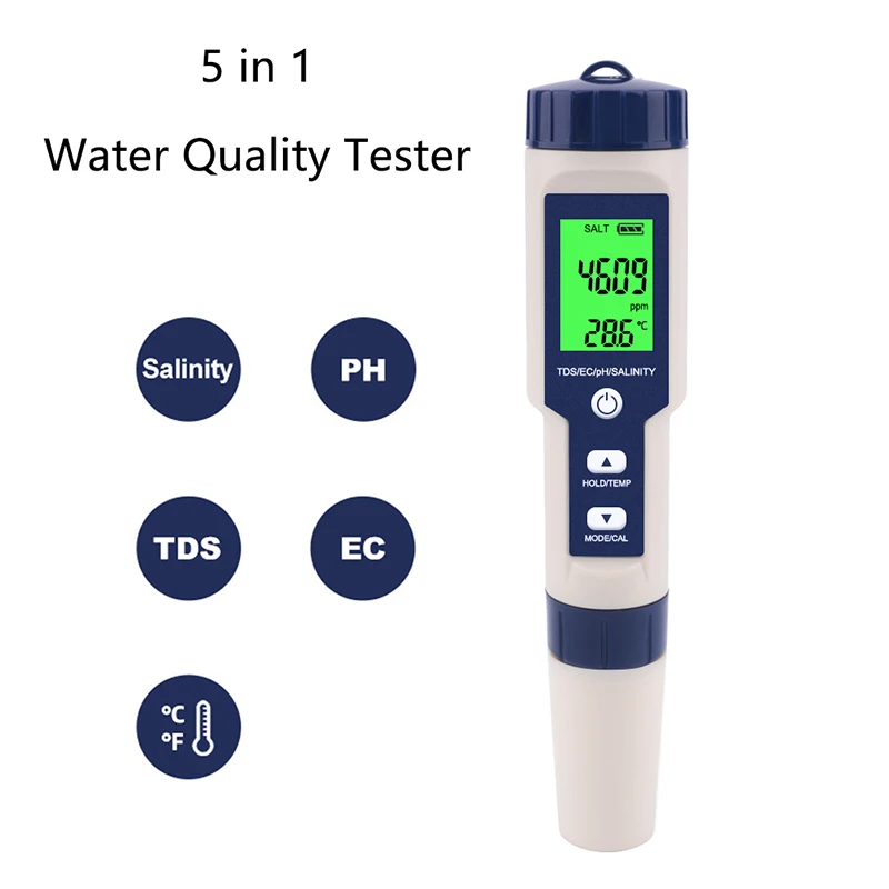 Detector De Qualidade De Água Digital, 5 em 1, TDS, CE, PH, Salinidade, Medidor De Temperatura Para Piscinas, Aquários, Detector De Qualidade De Água