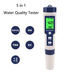 Tester di qualità dell'acqua 5 in 1 digitale TDS/EC/PH/salinità/misuratore di temperatura per piscine acquari rilevatore di qualità dell'acqua