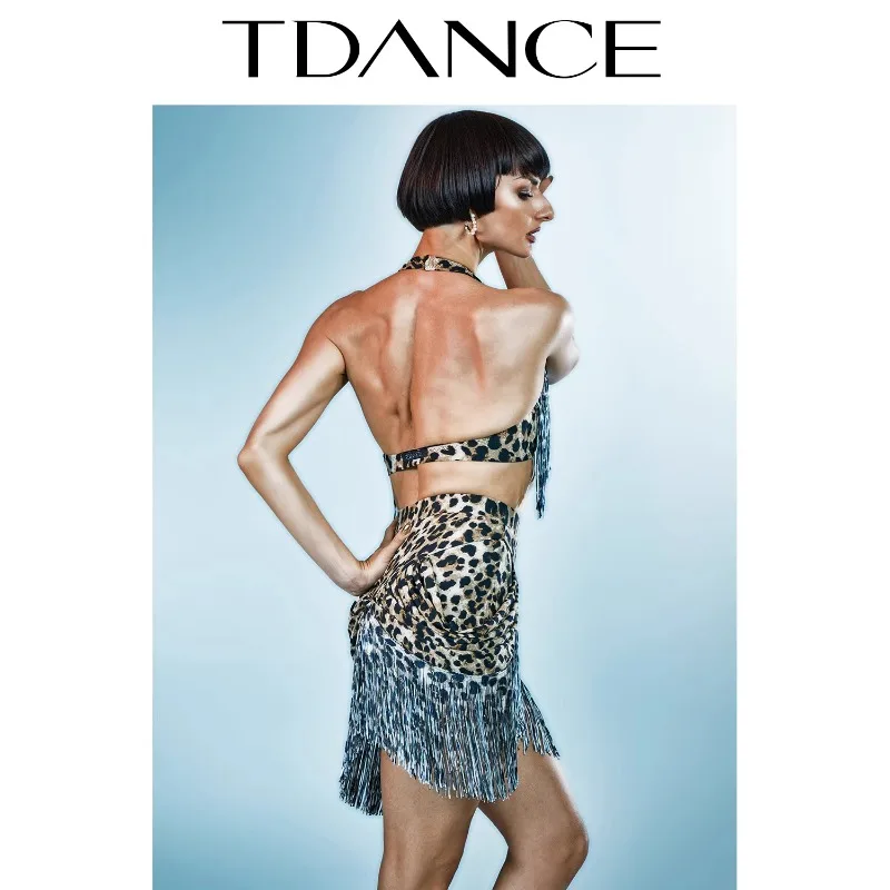 Robe de danse latine personnalisée, vêtements d'entraînement, taille empilée, demi-jupe à pampilles, performance polyvalente, imprimé léopard, pour femme