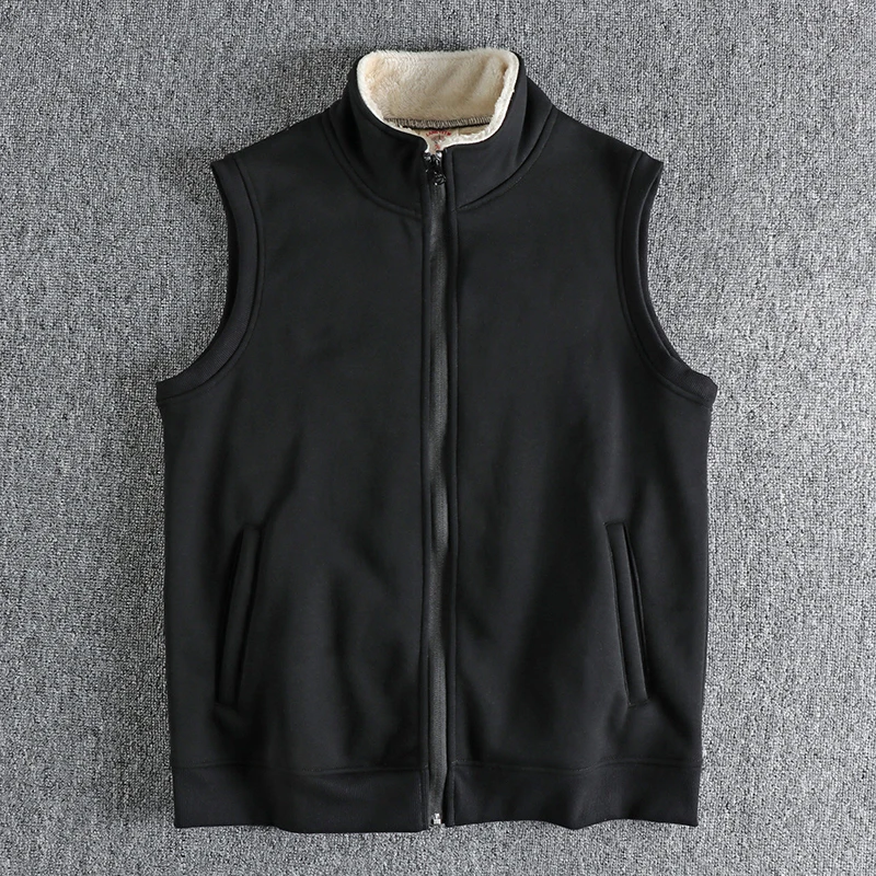 963# Winter New American Retro Sleeveless Stand Collar Thickened Lambs Velvet Vest Men\'s Fashion Simple Warm Casual Waistcoat